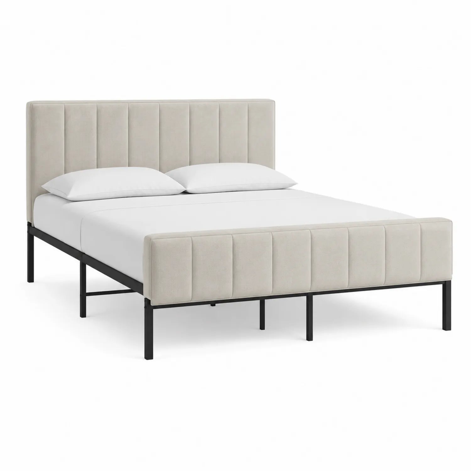 Cama de metal con cabecera y pie de poliéster beige 200 cm x 150 cm