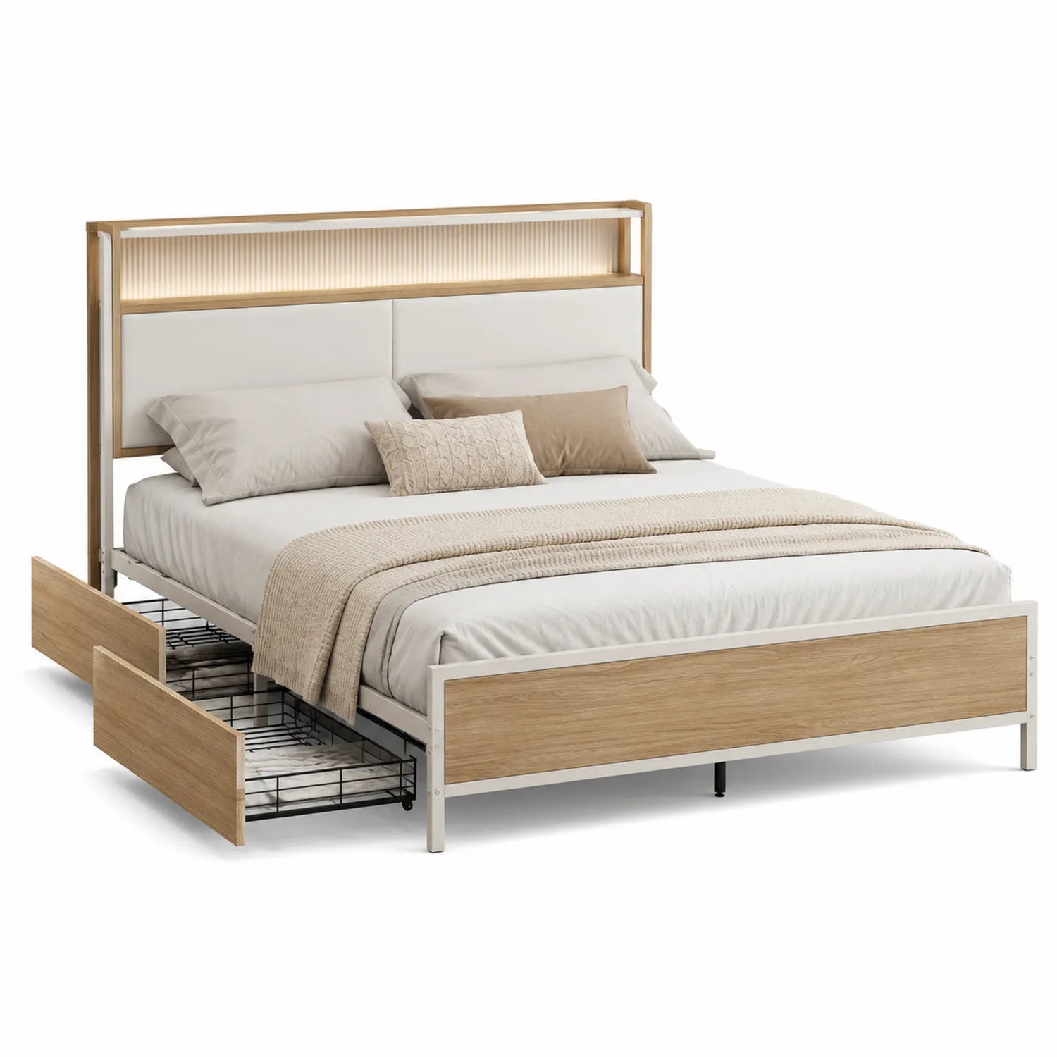 Cama doble de madera con cajones y cabecero tapizado 200x160 cm