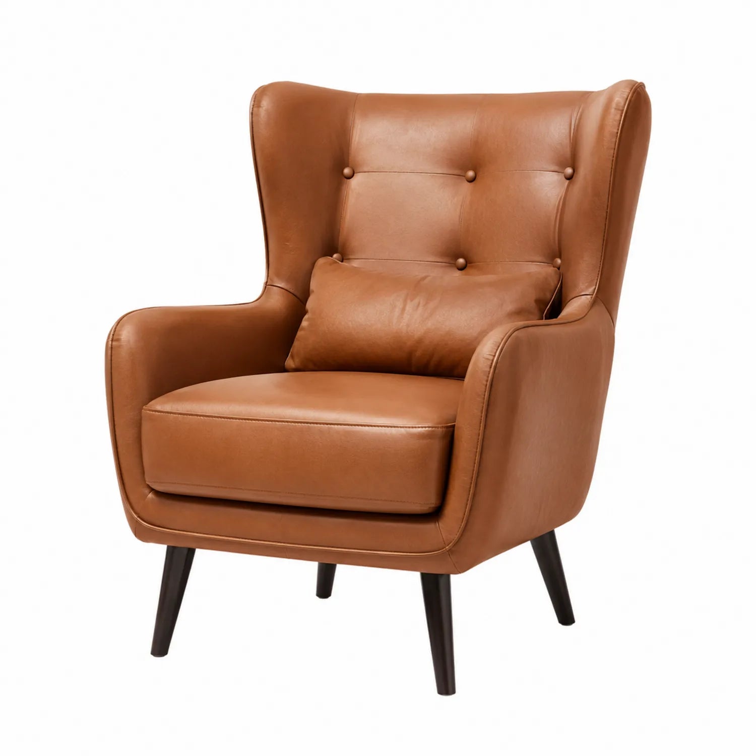 Sillón de piel sintética marrón con patas de madera