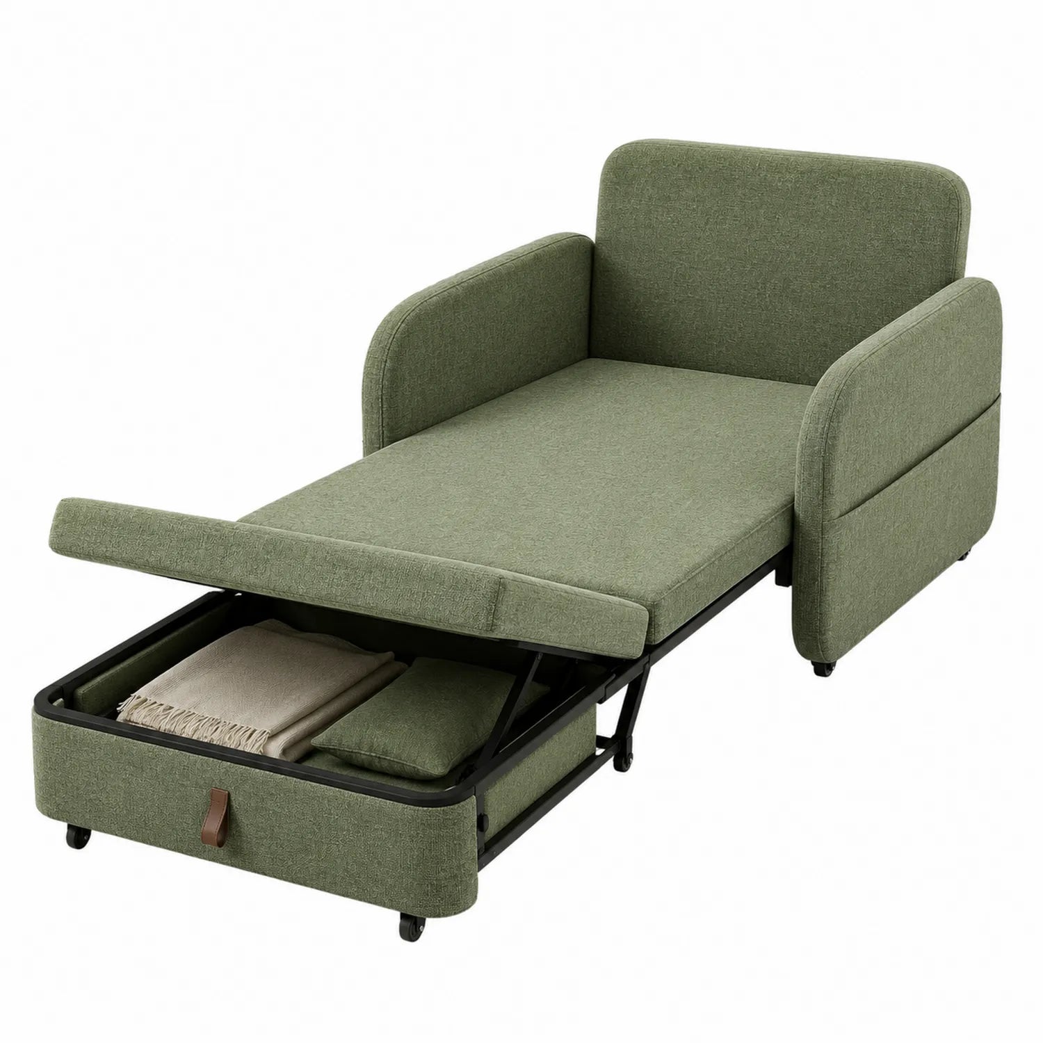 Sofá cama individual de poliéster verde con almacenamiento 190x90 cm