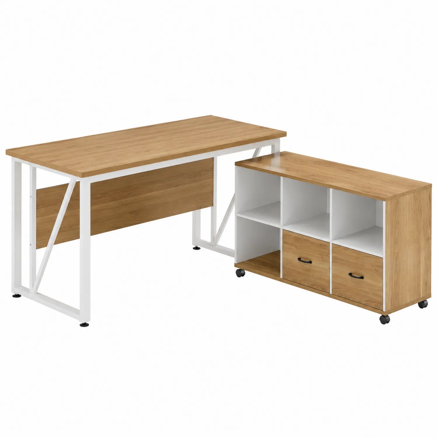 Conjunto de escritorio en L de MDF y metal con estantería móvil blanco/roble 150x60x75 cm