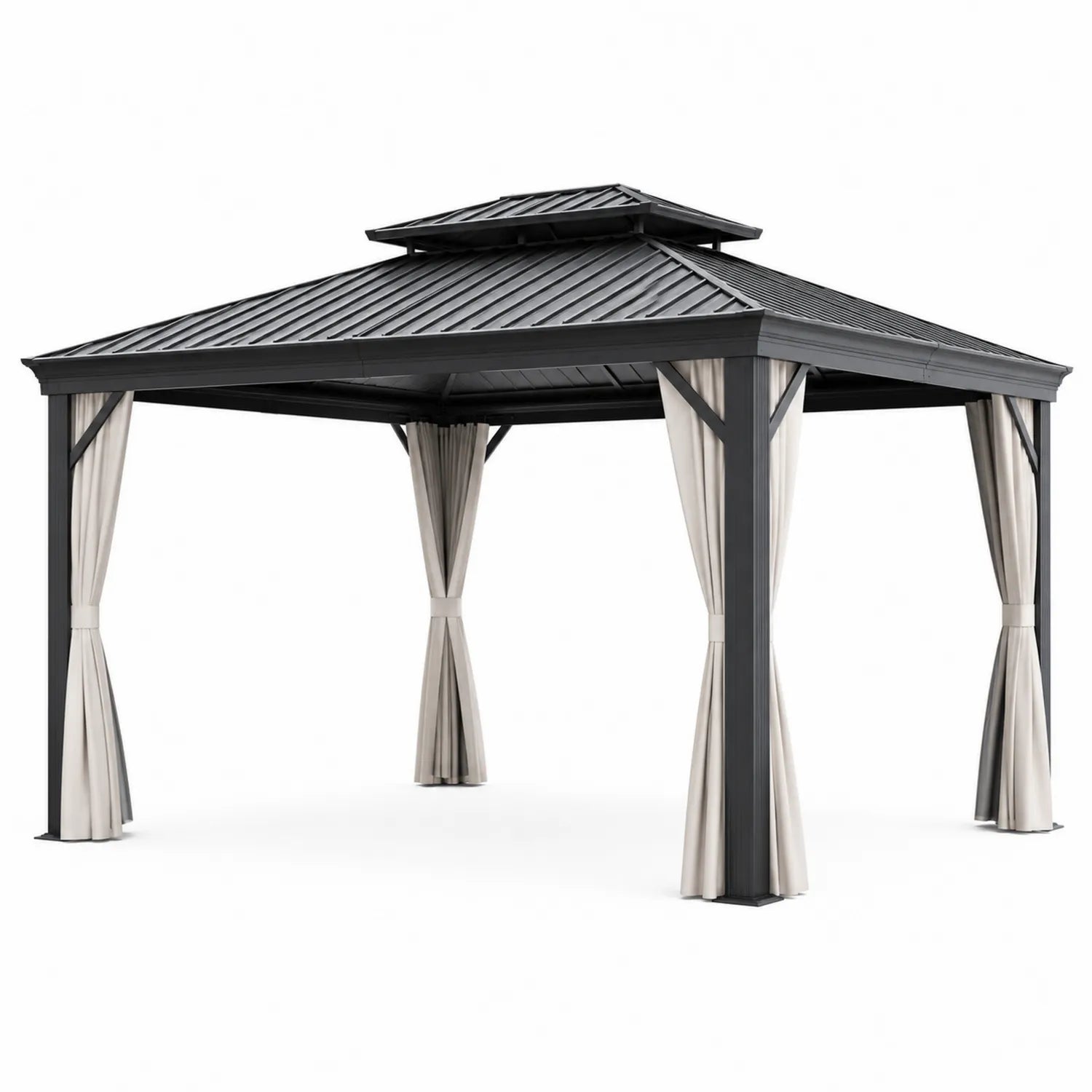 Pérgola de aluminio con techo de acero y cortinas de poliéster 300x300 cm