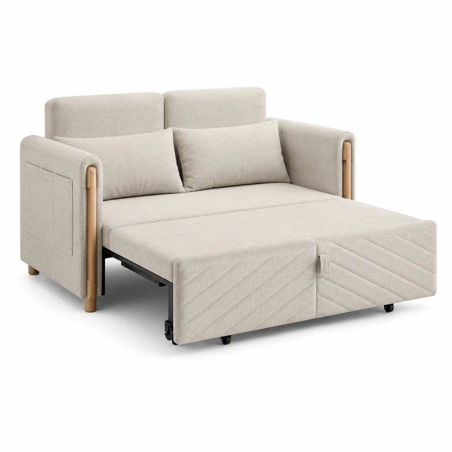 Sofá cama de tela poliéster beige con patas de madera