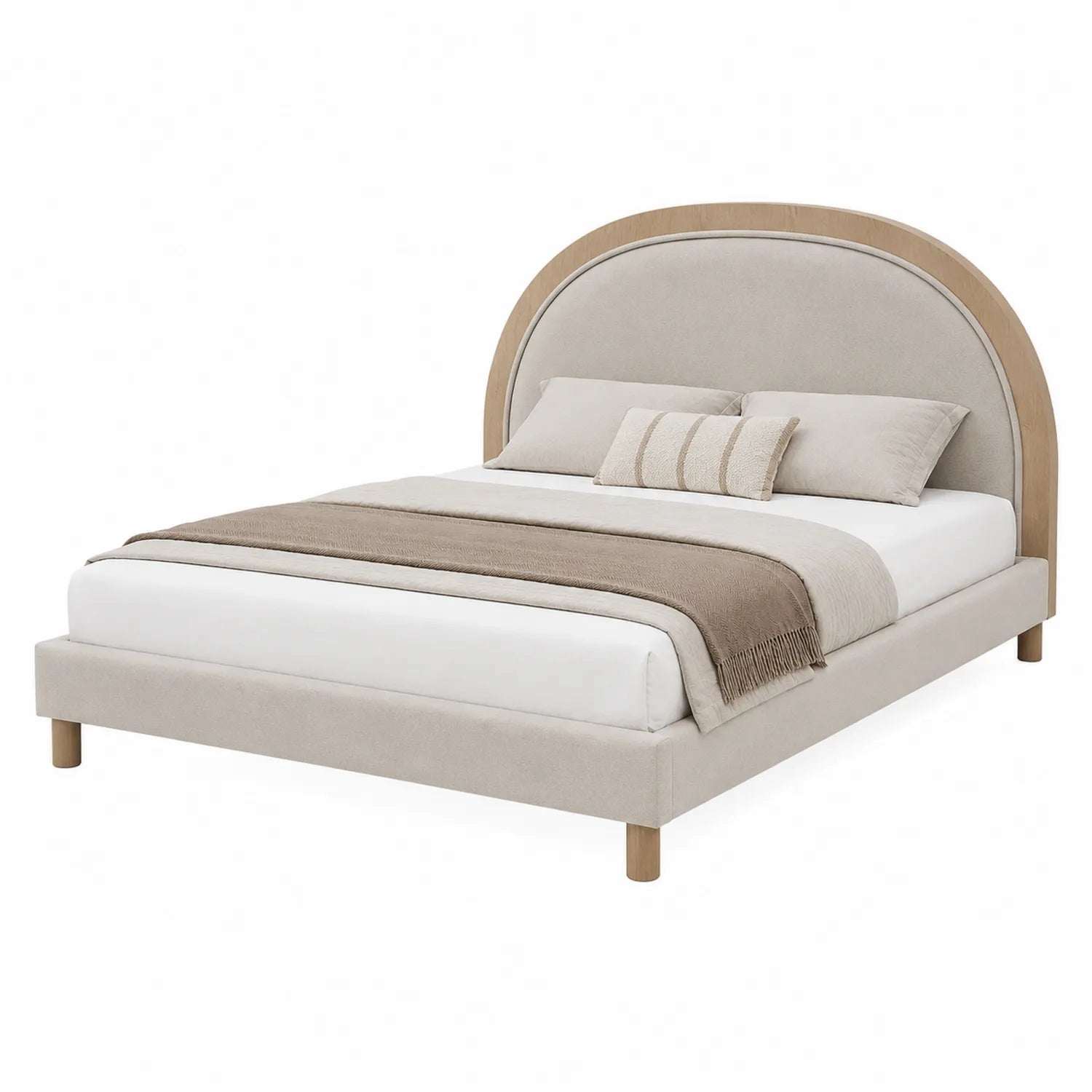 Cama tapizada en poliéster beige con cabecera semicircular 200x160 cm