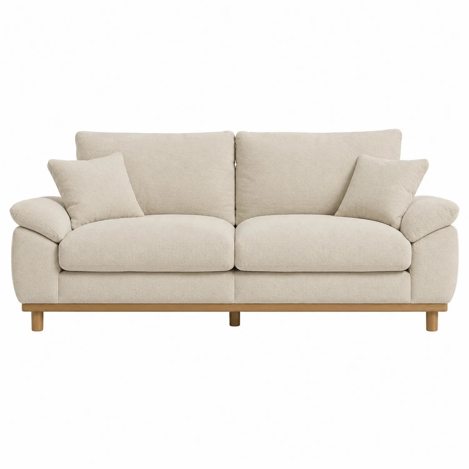 Sofá de tela beige con estructura de madera