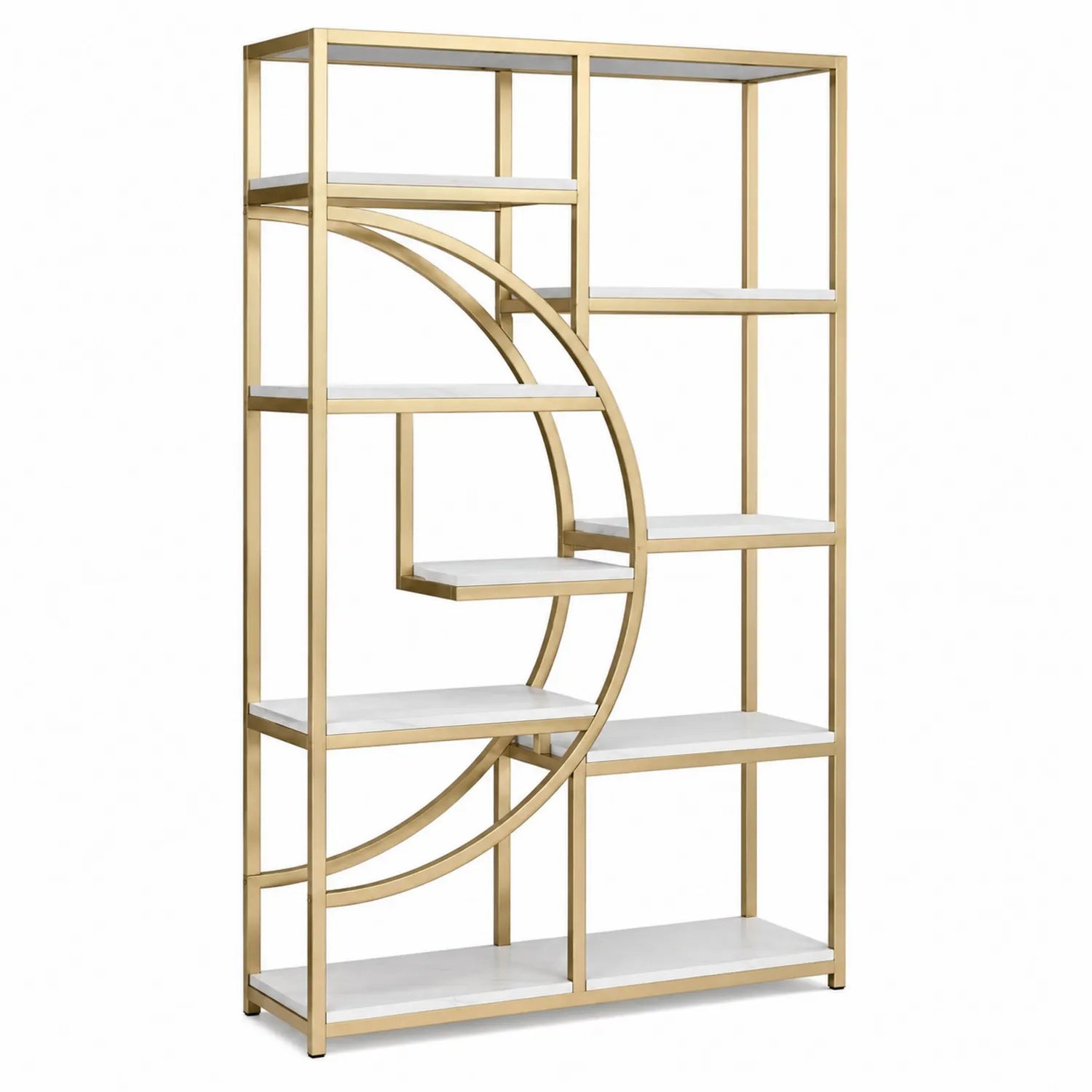Estantería de acero y MDF con diseño geométrico dorado y blanco 200x150x35cm