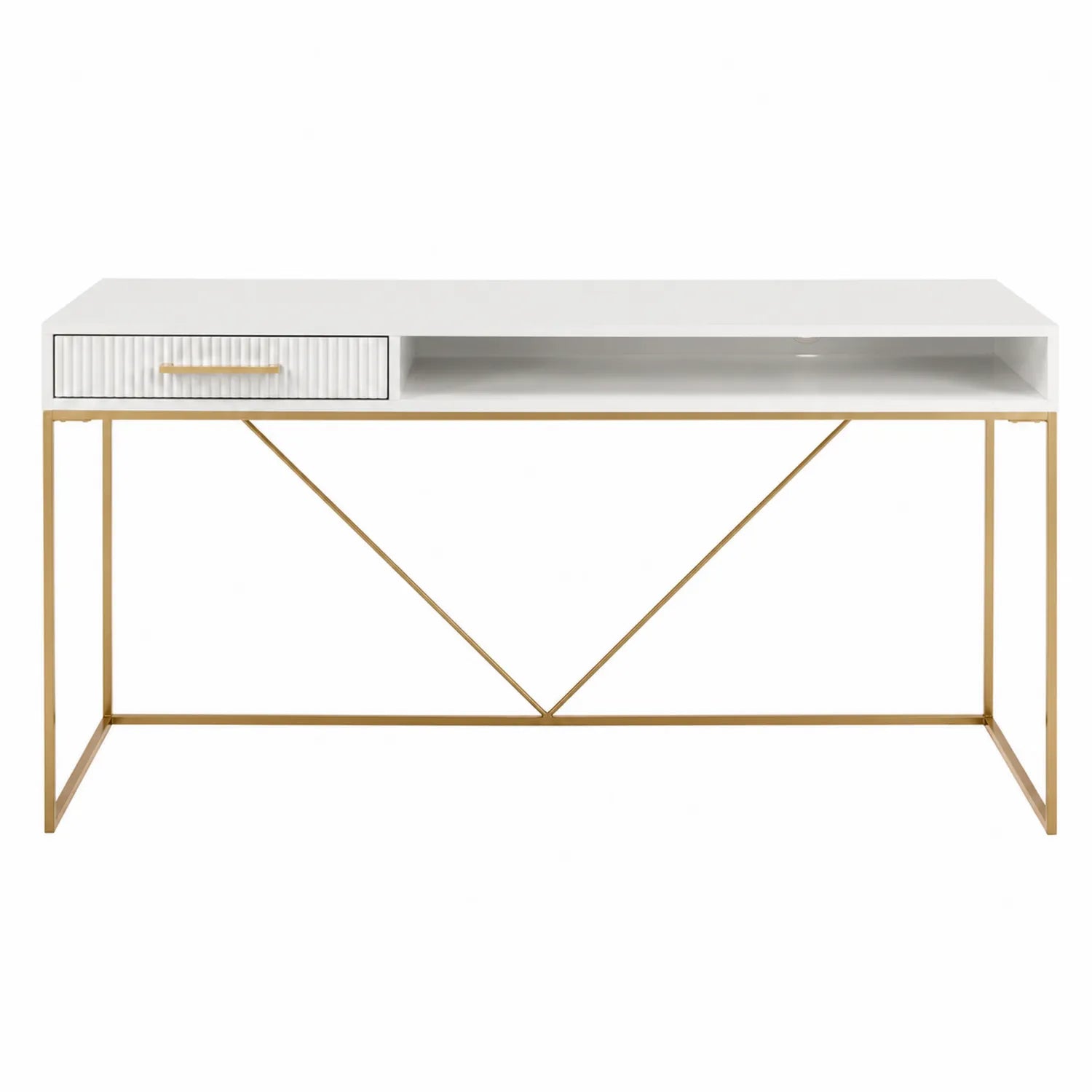 Escritorio de MDF Blanco y Metal Dorado con Cajón y Estante 120x60x75cm