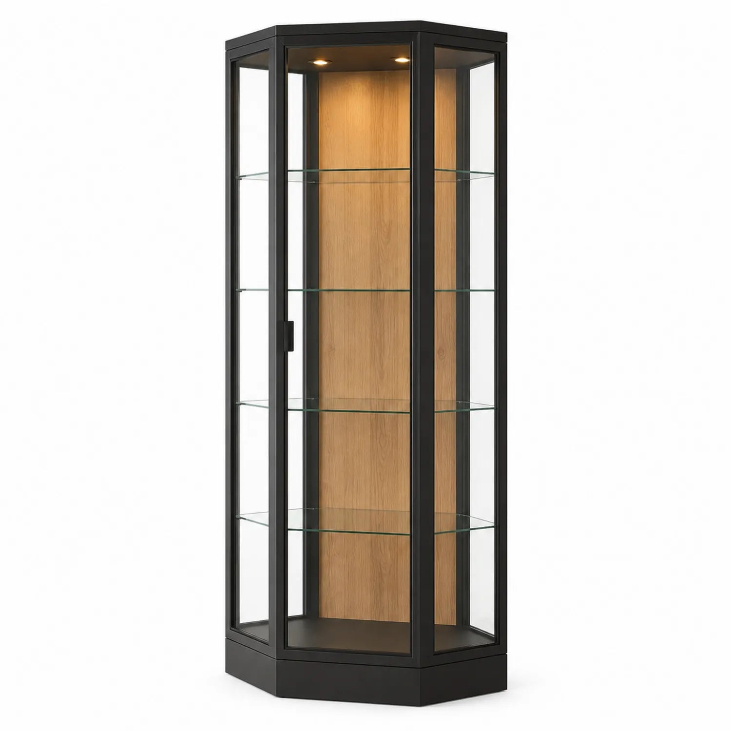 Vitrina de esquina de vidrio templado y metal con iluminación LED 180cm