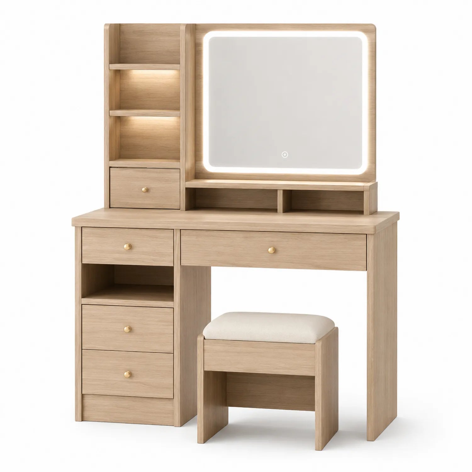 Tocador de Madera con Espejo LED y Taburete Acolchado