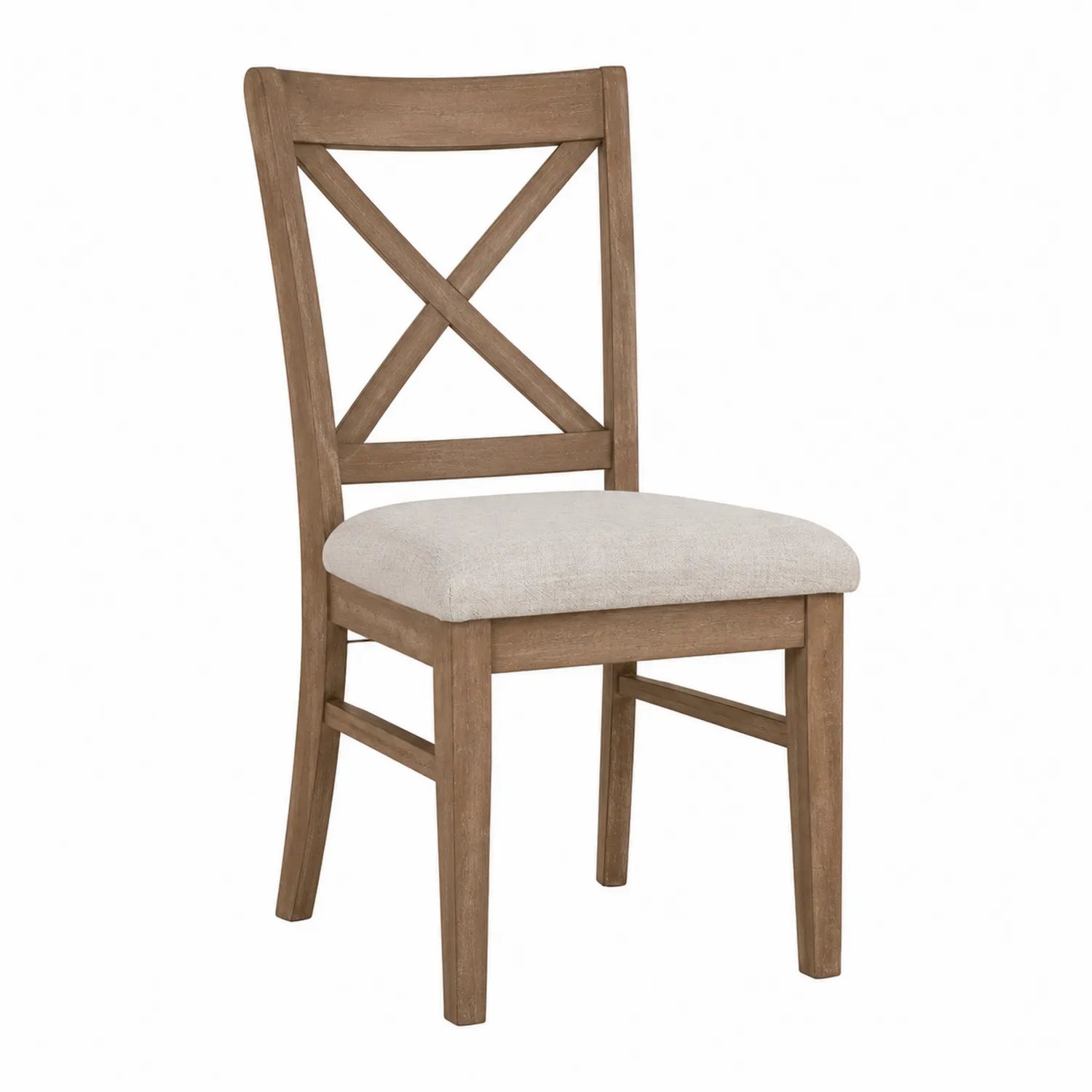 Silla de comedor de madera con asiento de lino y respaldo en X
