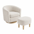 Sillón giratorio y otomana en bouclé beige con base de madera