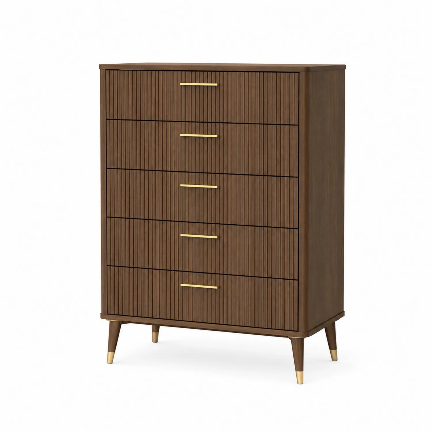 Cómoda de madera marrón con 5 cajones y tiradores metálicos
