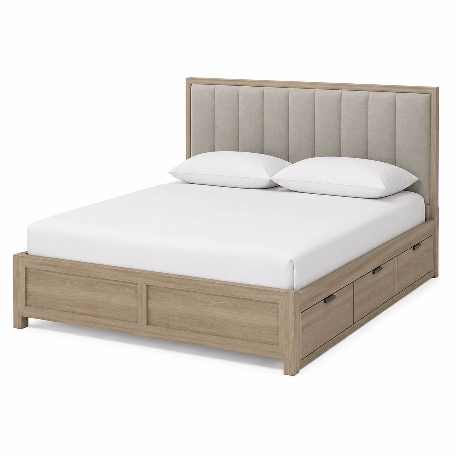 Cama de almacenamiento de madera y tela beige con cabecero acolchado 210x160 cm
