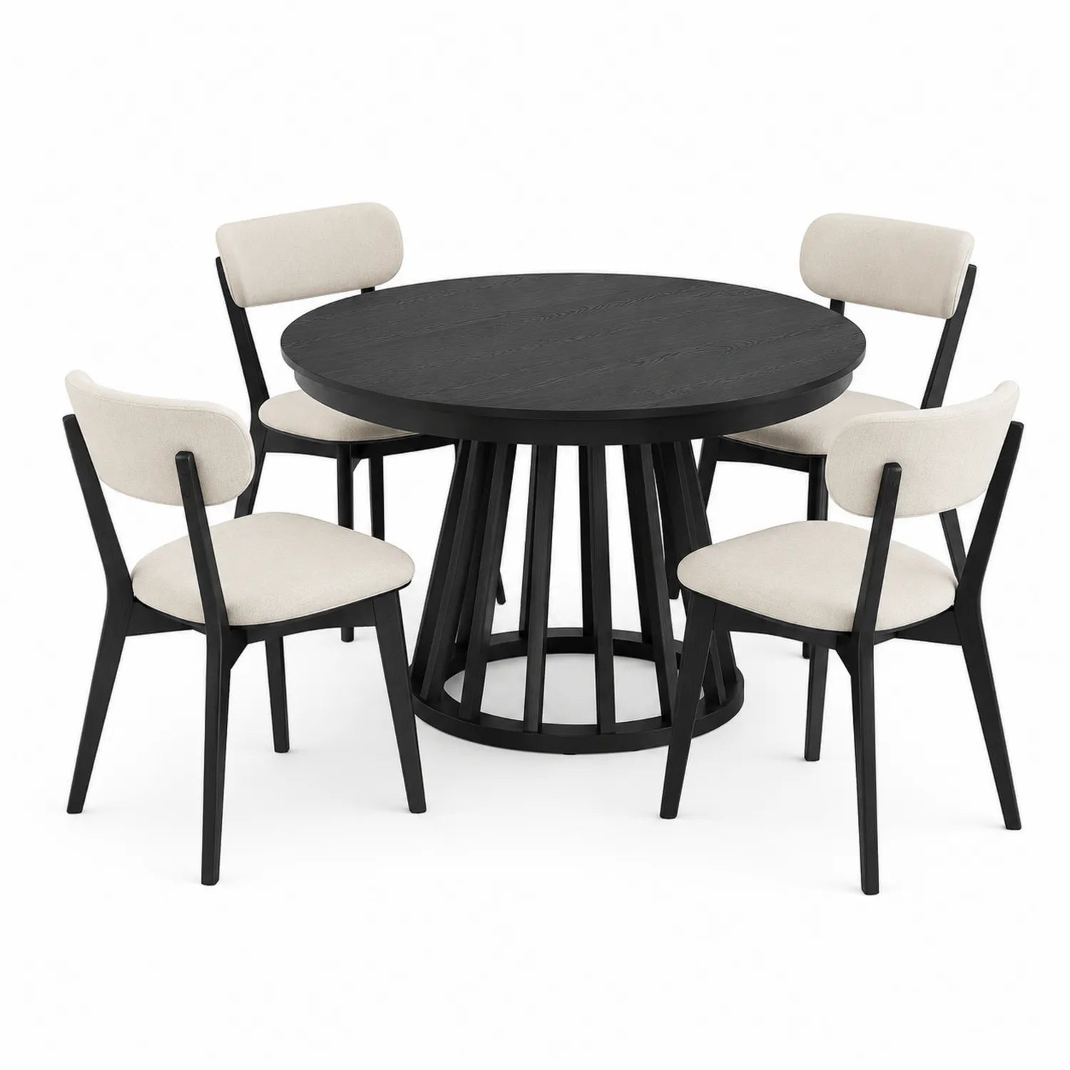 Juego de comedor redondo de madera negra con 4 sillas de tela beige