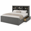 Cama doble gris con almacenamiento y cabecero estantería