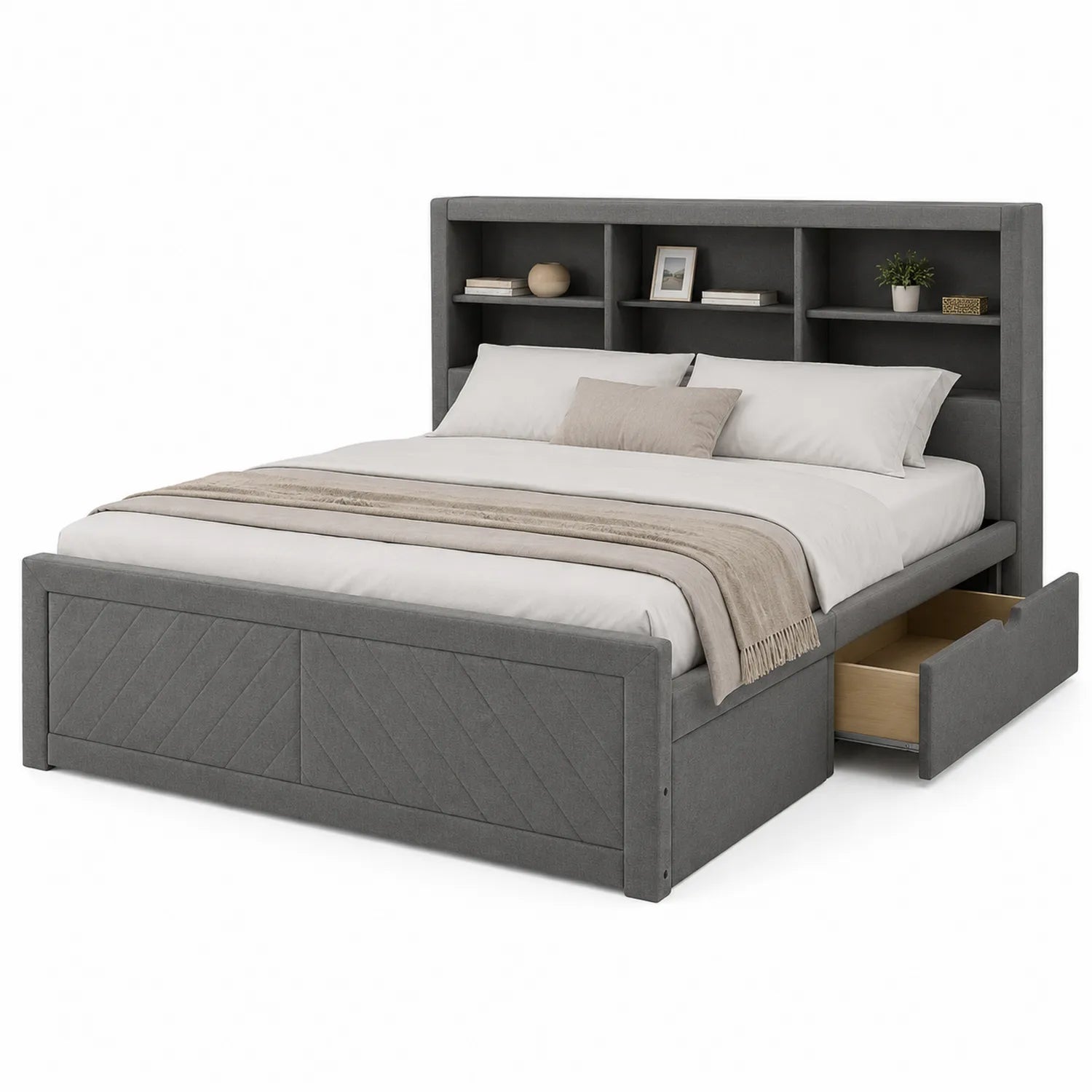 Cama doble gris con almacenamiento y cabecero estantería