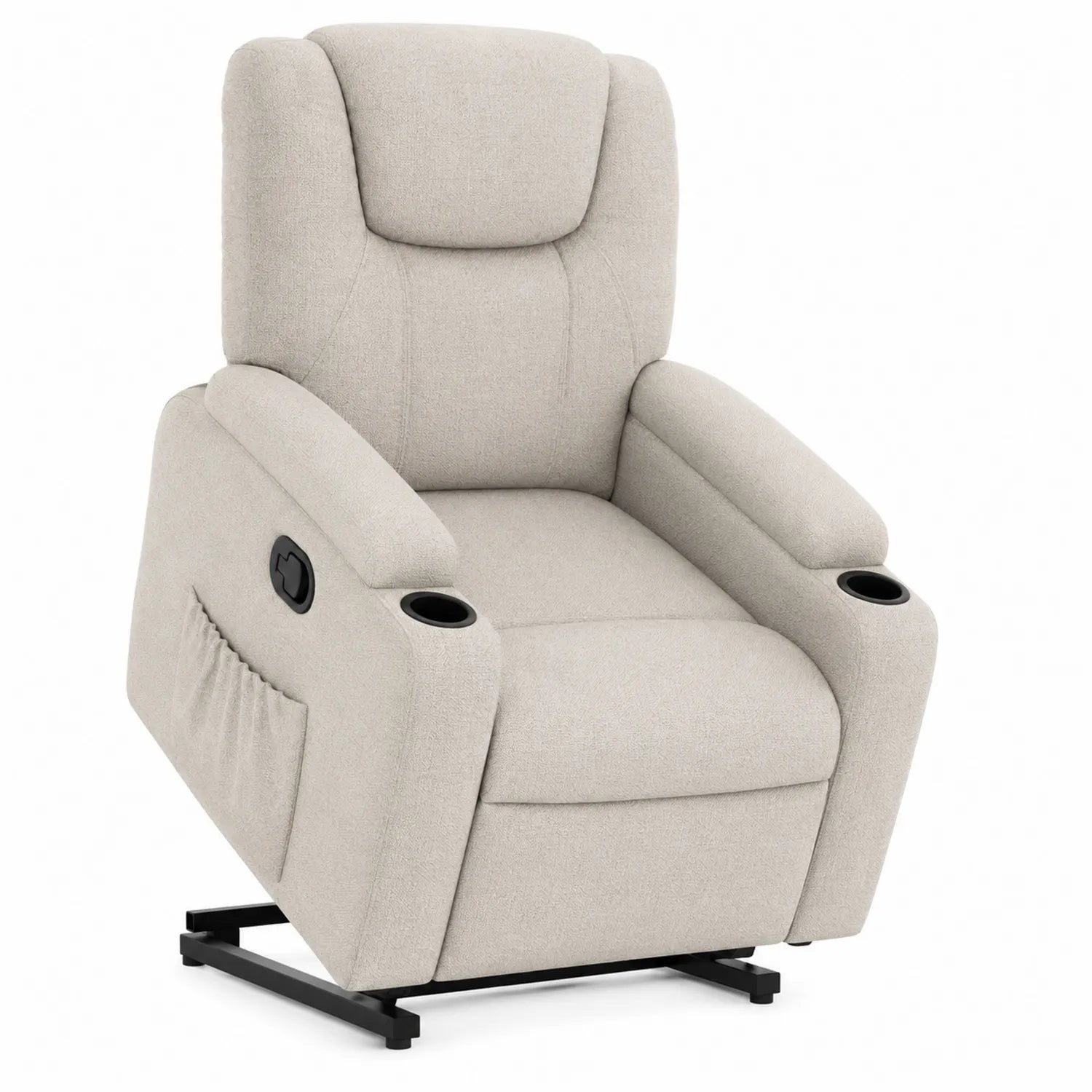 Sillón reclinable de tela beige con portavasos