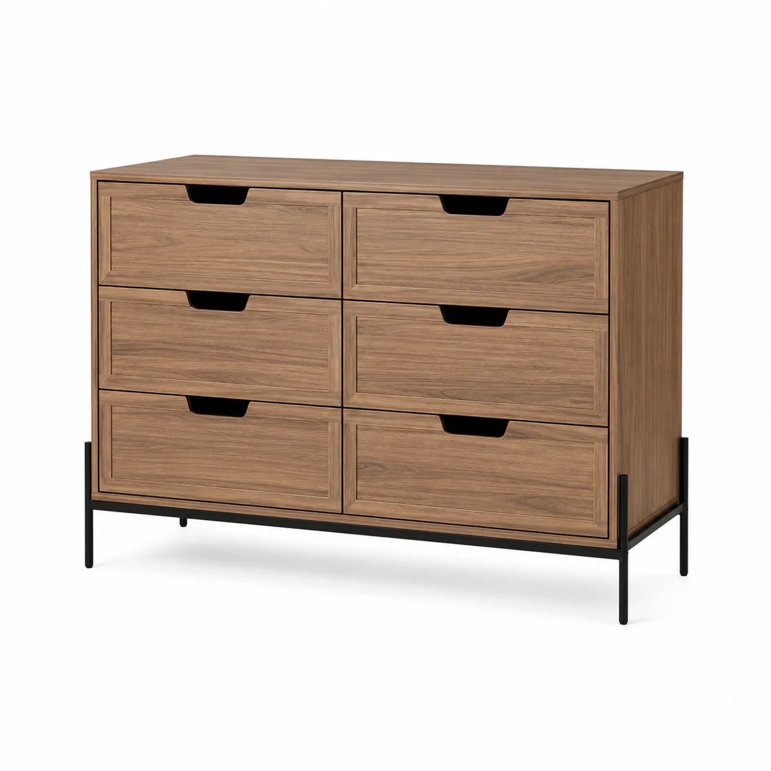 Cómoda de madera y metal con 6 cajones color Nogal