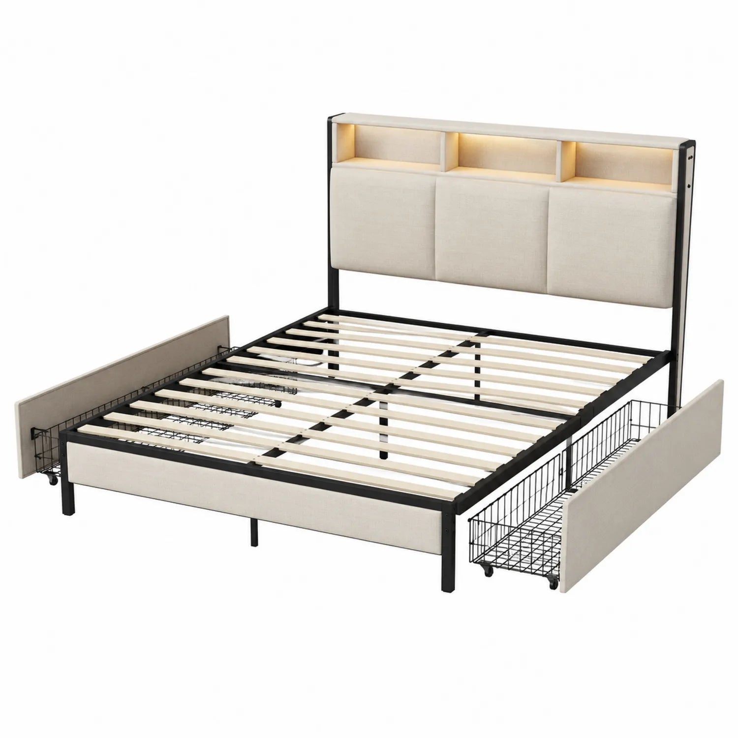 Estructura de cama doble con cabecero y almacenamiento metálico y textil