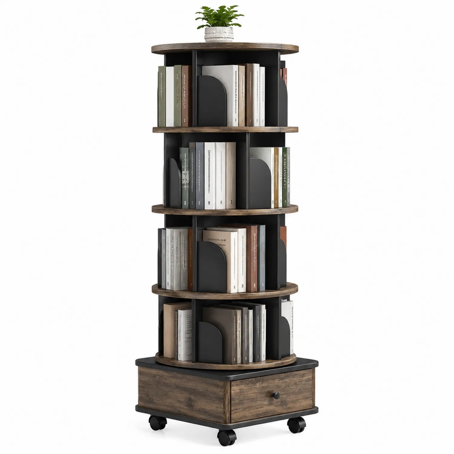 Estantería giratoria de MDF Marrón y Negro con Ruedas 40 cm x 140 cm