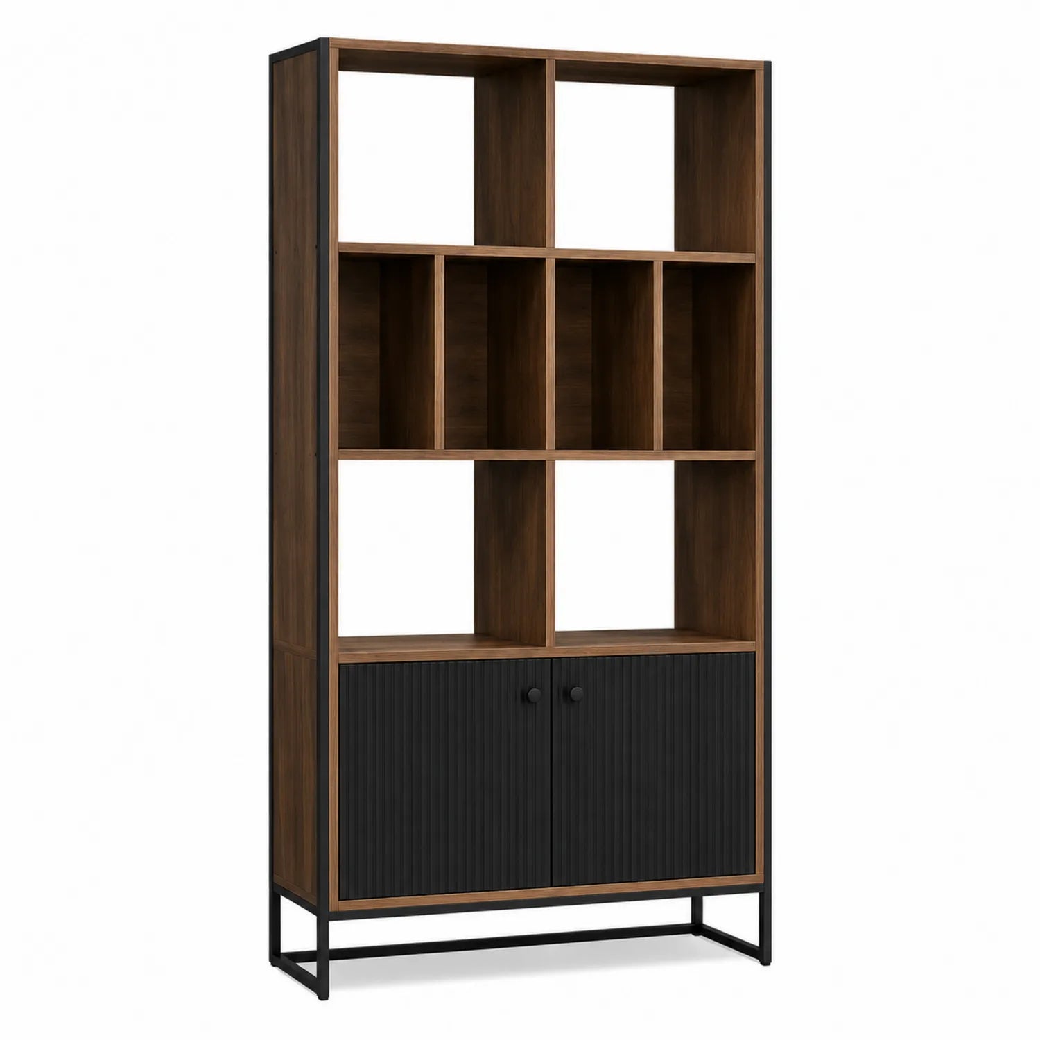 Librería de MDF y metal con puertas negras y estantes abiertos