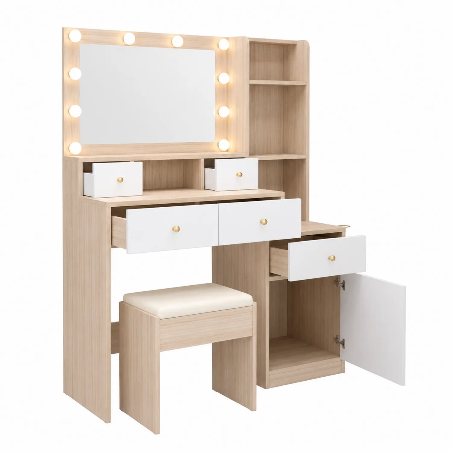 Tocador de Madera Contrachapada con Espejo Iluminado Beige y Blanco 150x100x45 cm
