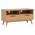 Mueble de TV de madera maciza de roble con estantes y cajones