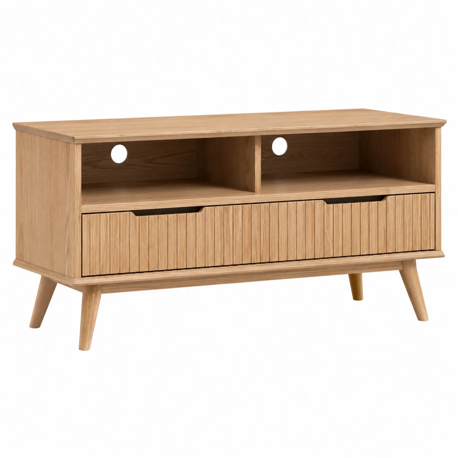 Mueble de TV de madera maciza de roble con estantes y cajones
