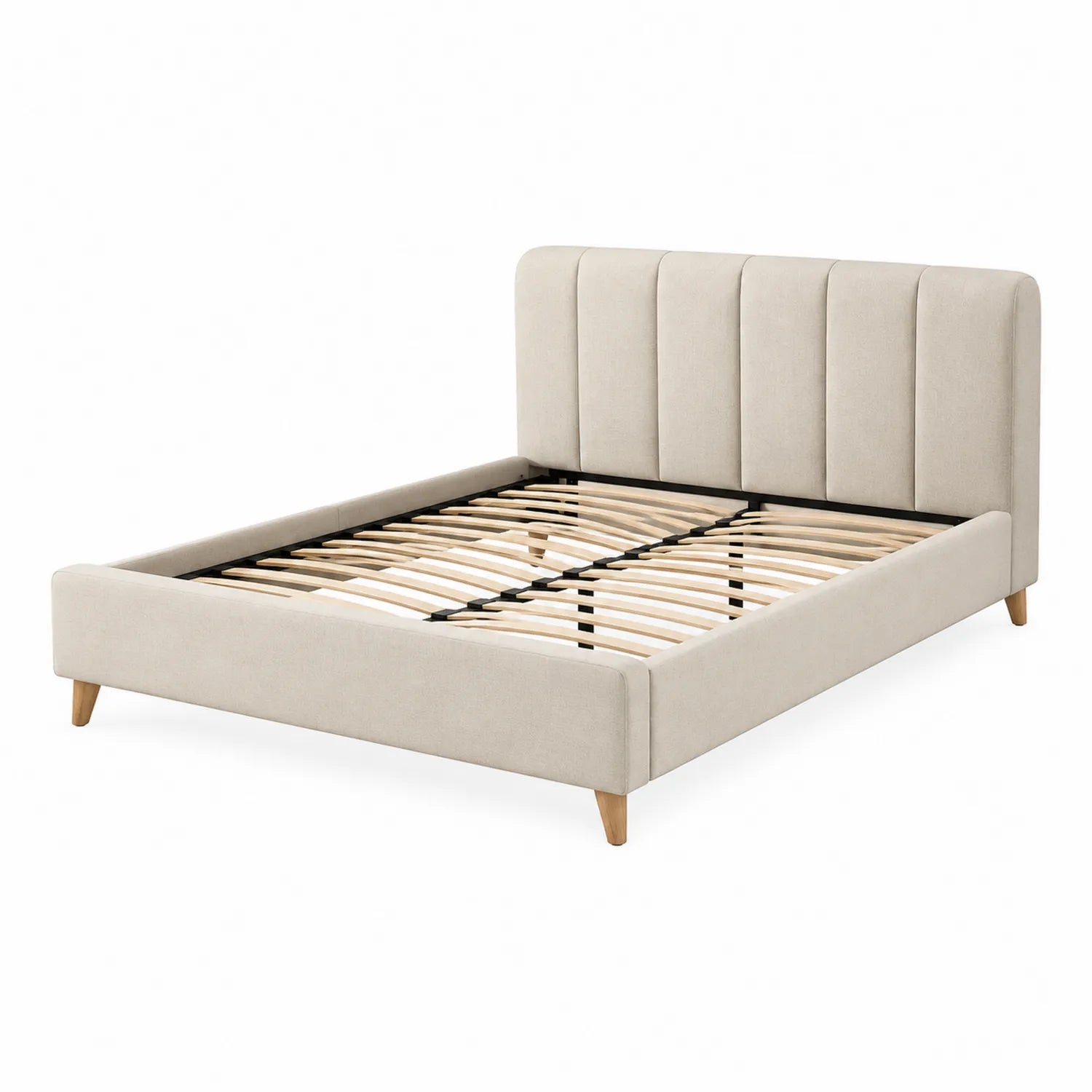 Cama de lino beige con cabecero acolchado y patas de madera 200x160 cm