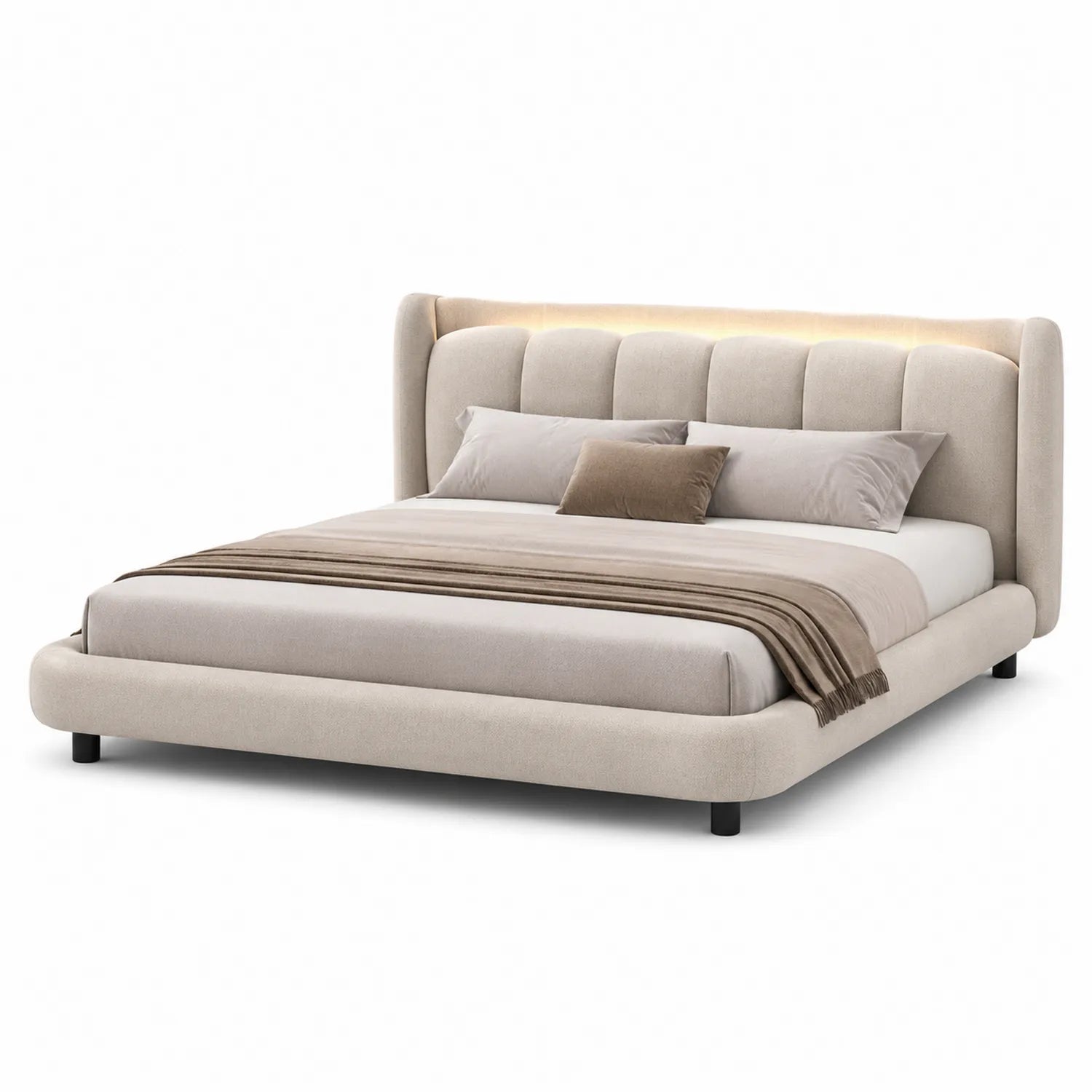 Cama tapizada en tela beige con luz LED 200x180x100 cm