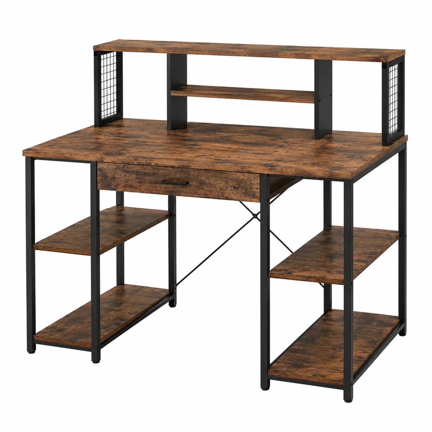 Escritorio de Madera y Metal Marrón con Estanterías Integradas