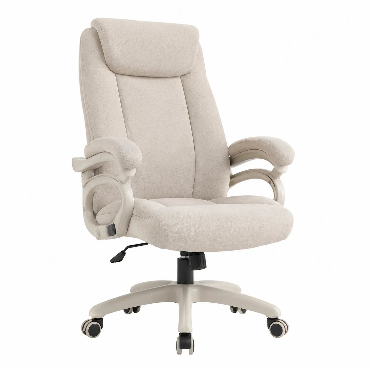 Silla giratoria de oficina tapizada en poliéster beige con altura ajustable