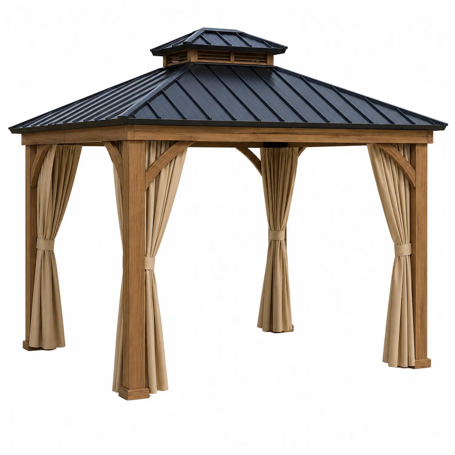 Pérgola de Madera con Techo Metálico y Cortinas Beige