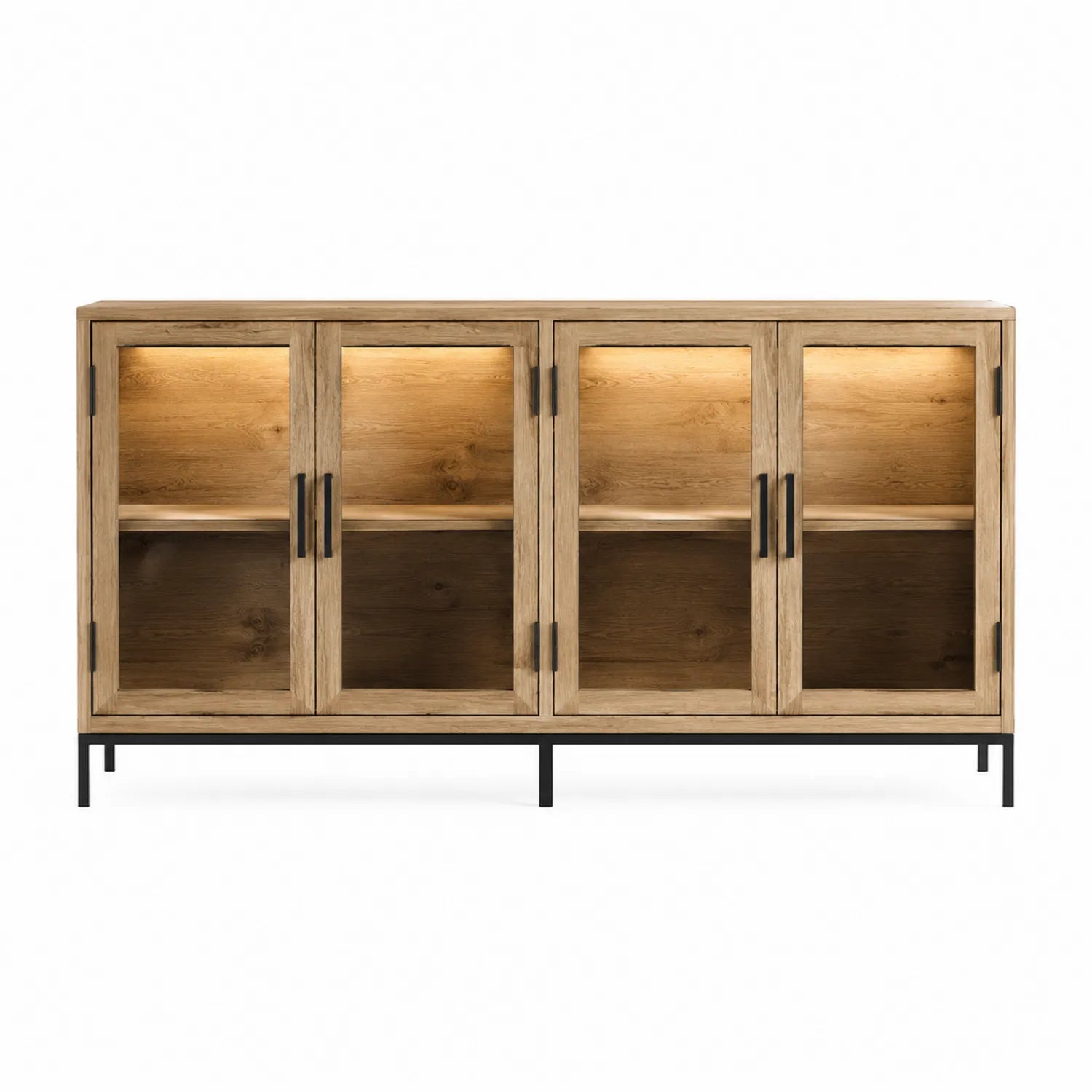 Aparador de roble macizo con puertas de vidrio templado y estructura de acero, 150x85x40 cm