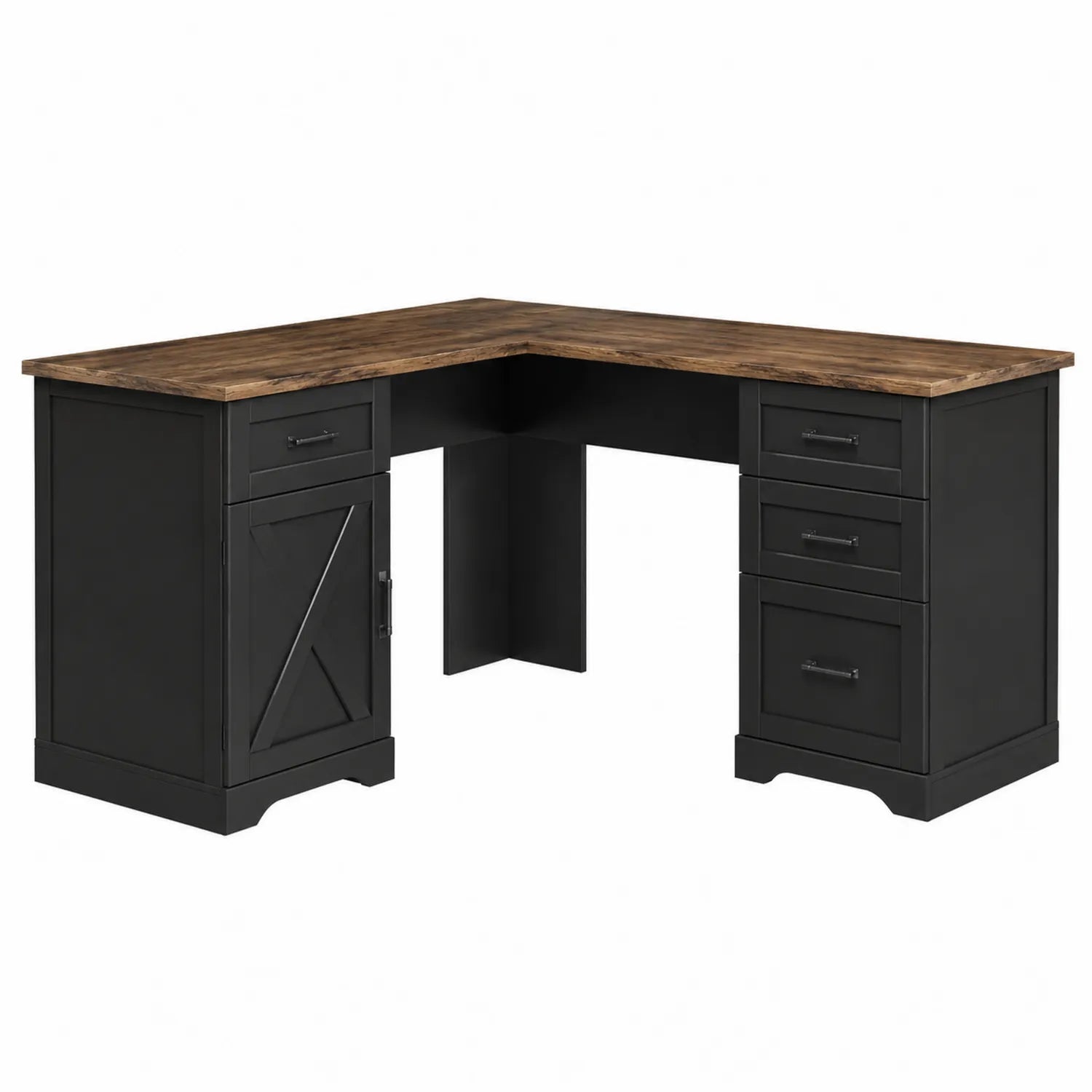 Escritorio de esquina en L de MDF y metal negro con superficie de madera 150x120x75 cm