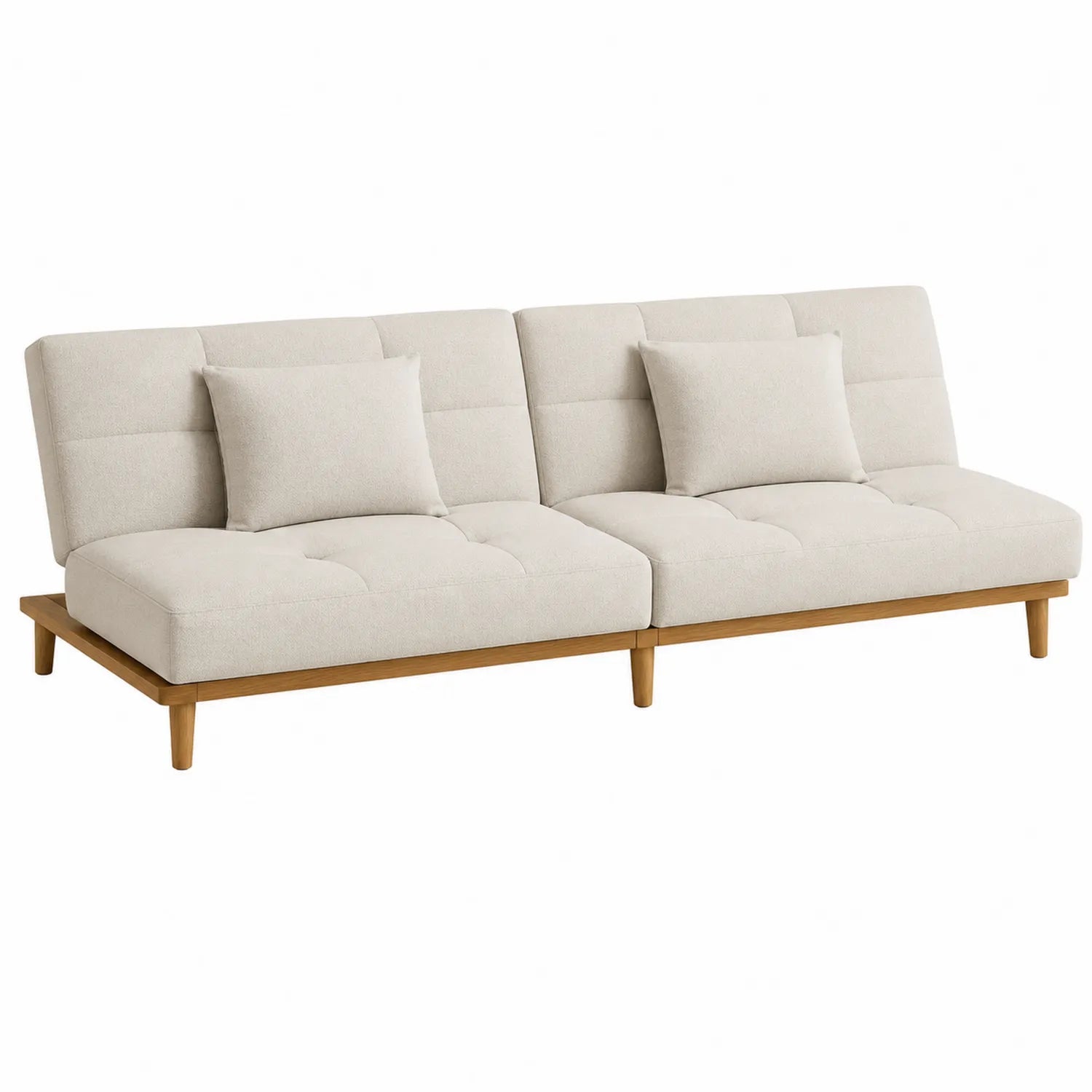 Sofá cama de tela beige con estructura de madera para 3 plazas