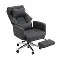 Silla de oficina de tela gris oscuro con base de metal cromado y reposapiés