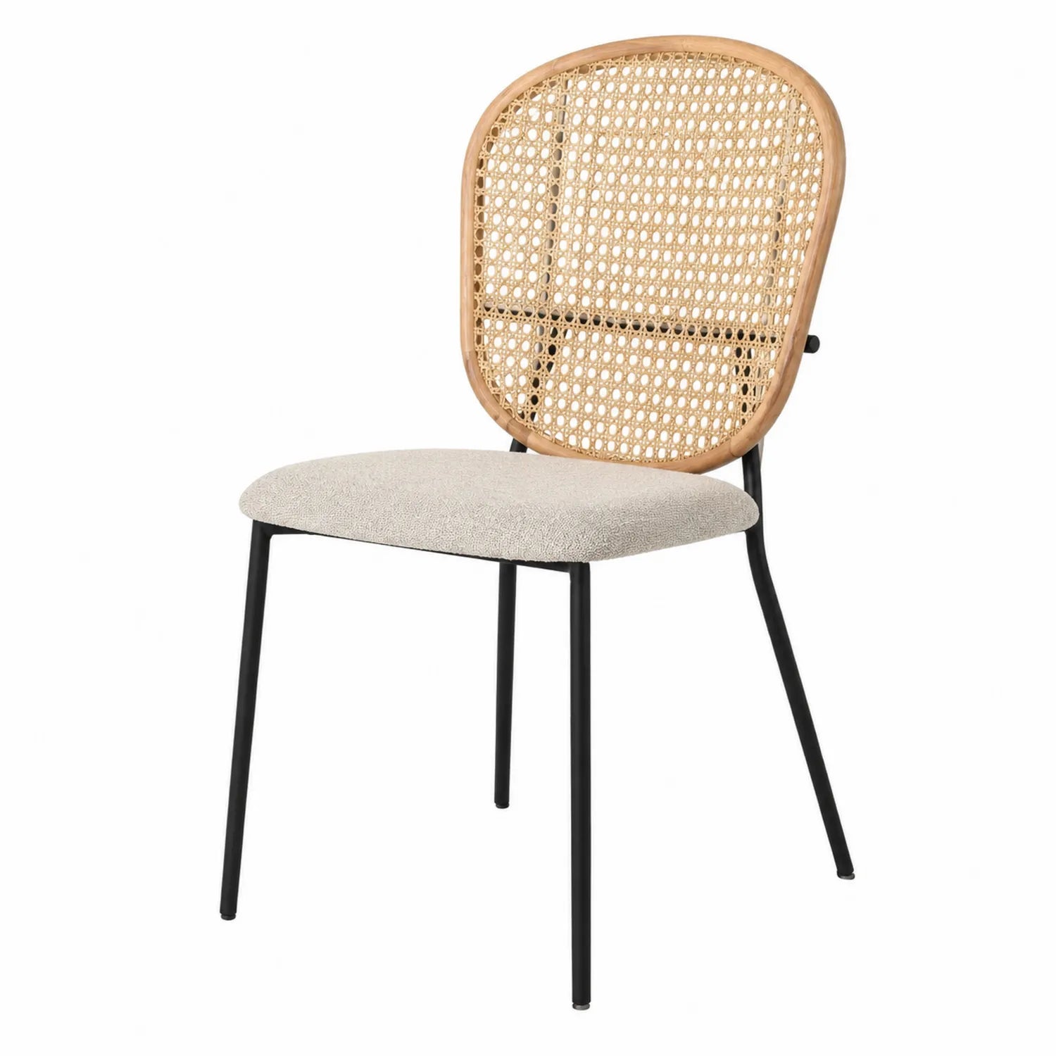 Silla de acero con respaldo de ratán y asiento de tela beige