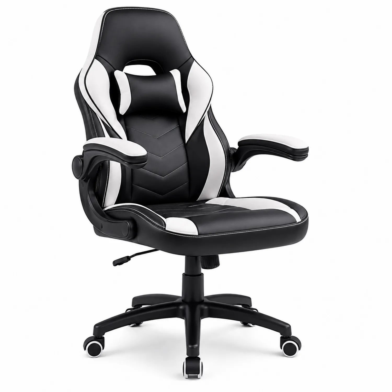 Silla ergonómica de PU, giratoria, negro y blanco
