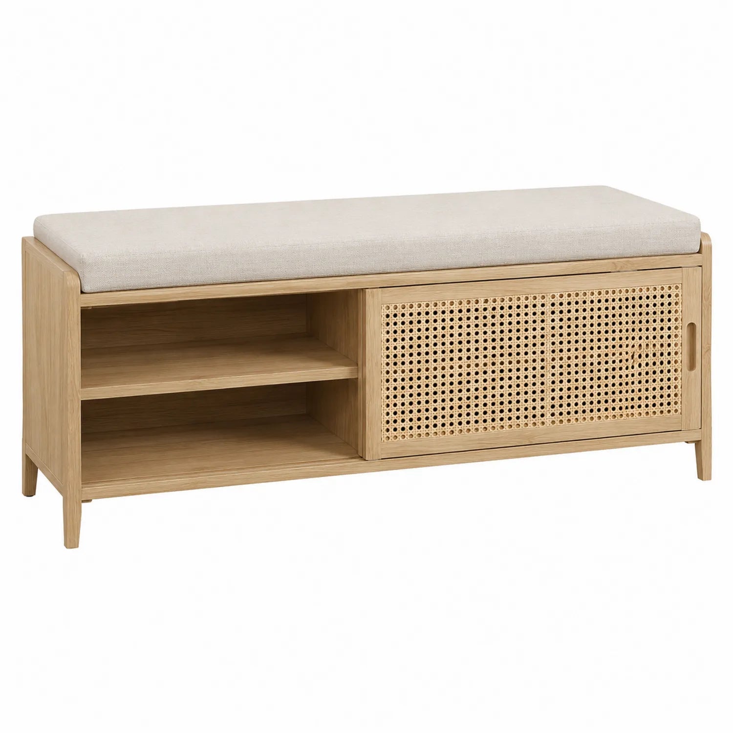 Banco de madera con puerta de ratán y cojín beige 120x40x45 cm
