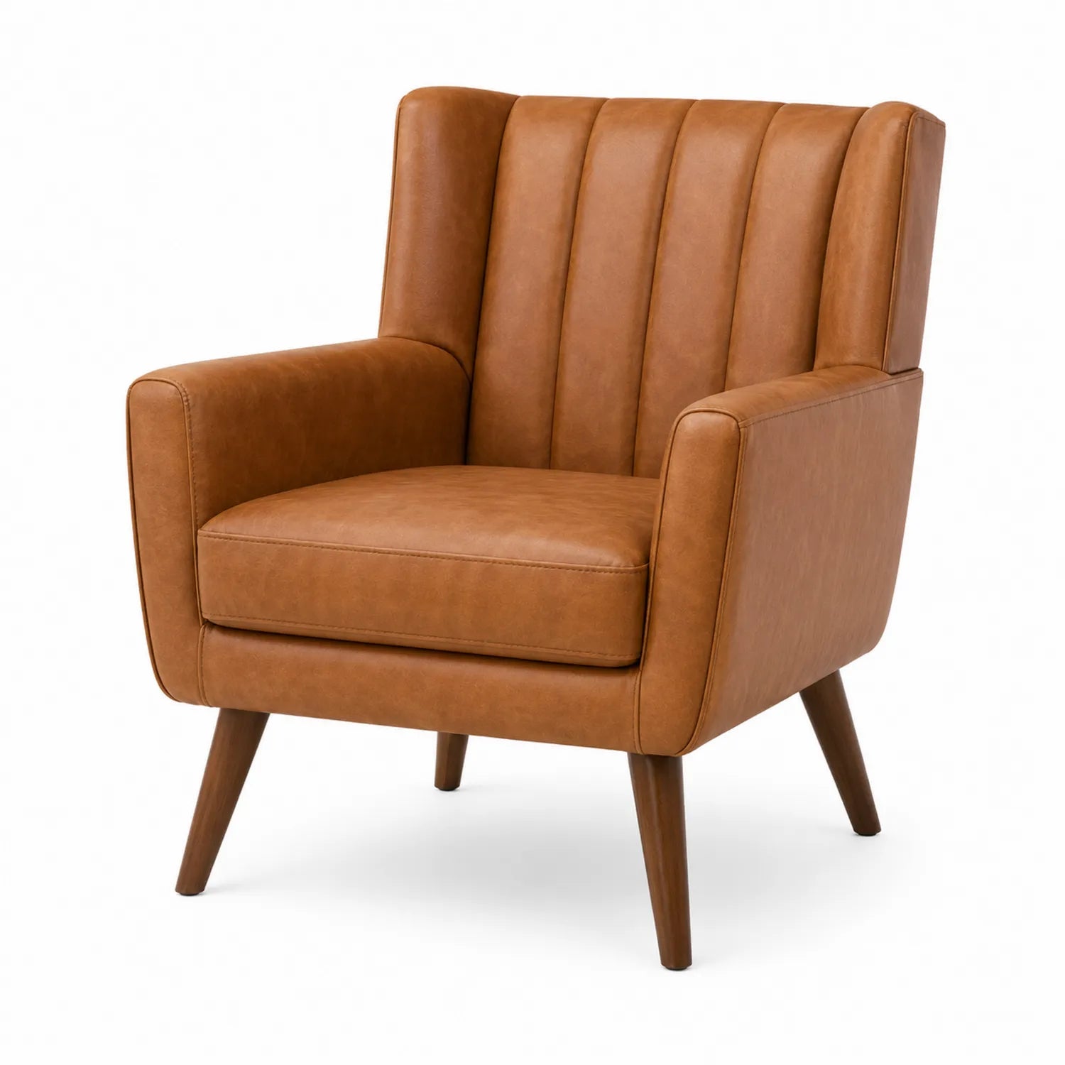 Sillón de cuero sintético marrón con patas de madera