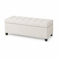 Banco de almacenamiento de tela beige con estructura de madera