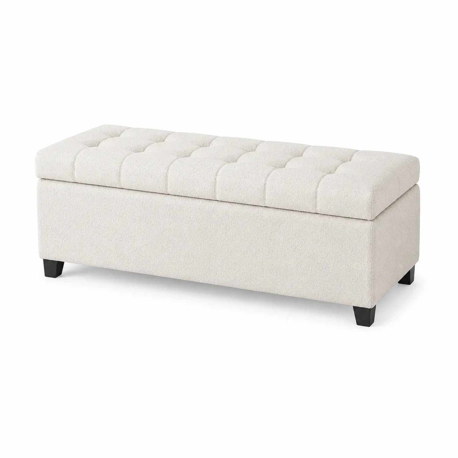 Banco de almacenamiento de tela beige con estructura de madera