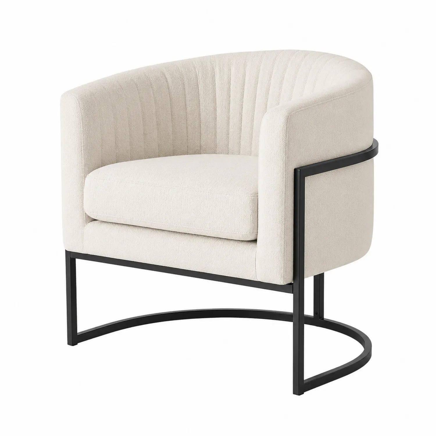 Silla de salón en poliéster beige con estructura metálica negra