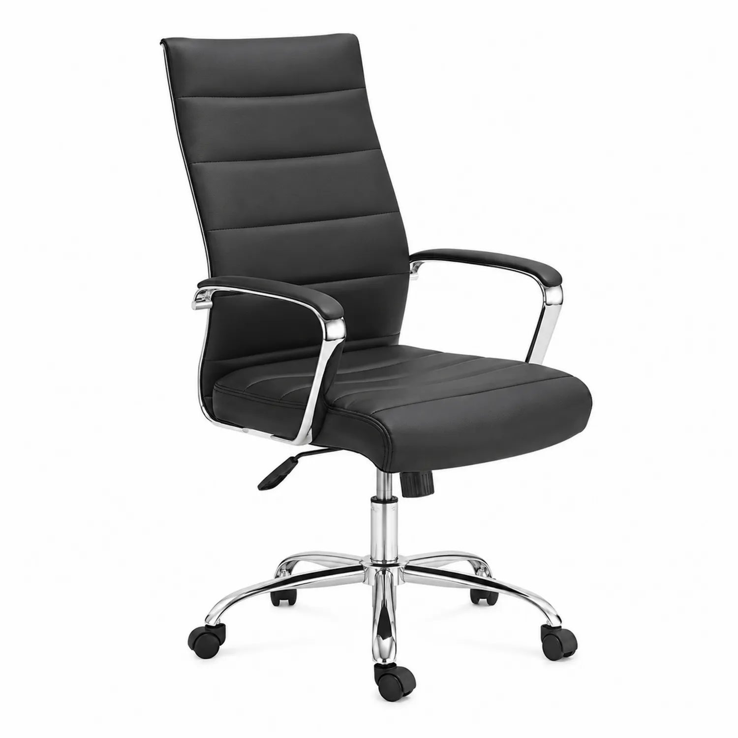 Silla de oficina de cuero sintético con respaldo alto y base cromada, negro
