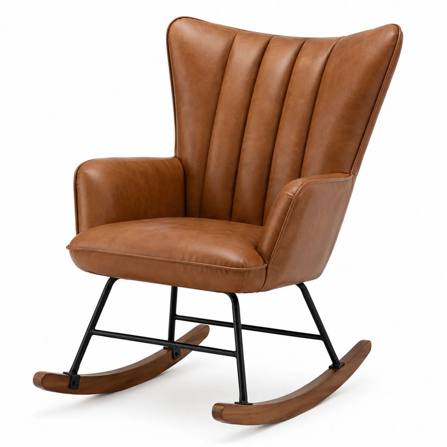 Silla mecedora de cuero sintético marrón con patas de metal