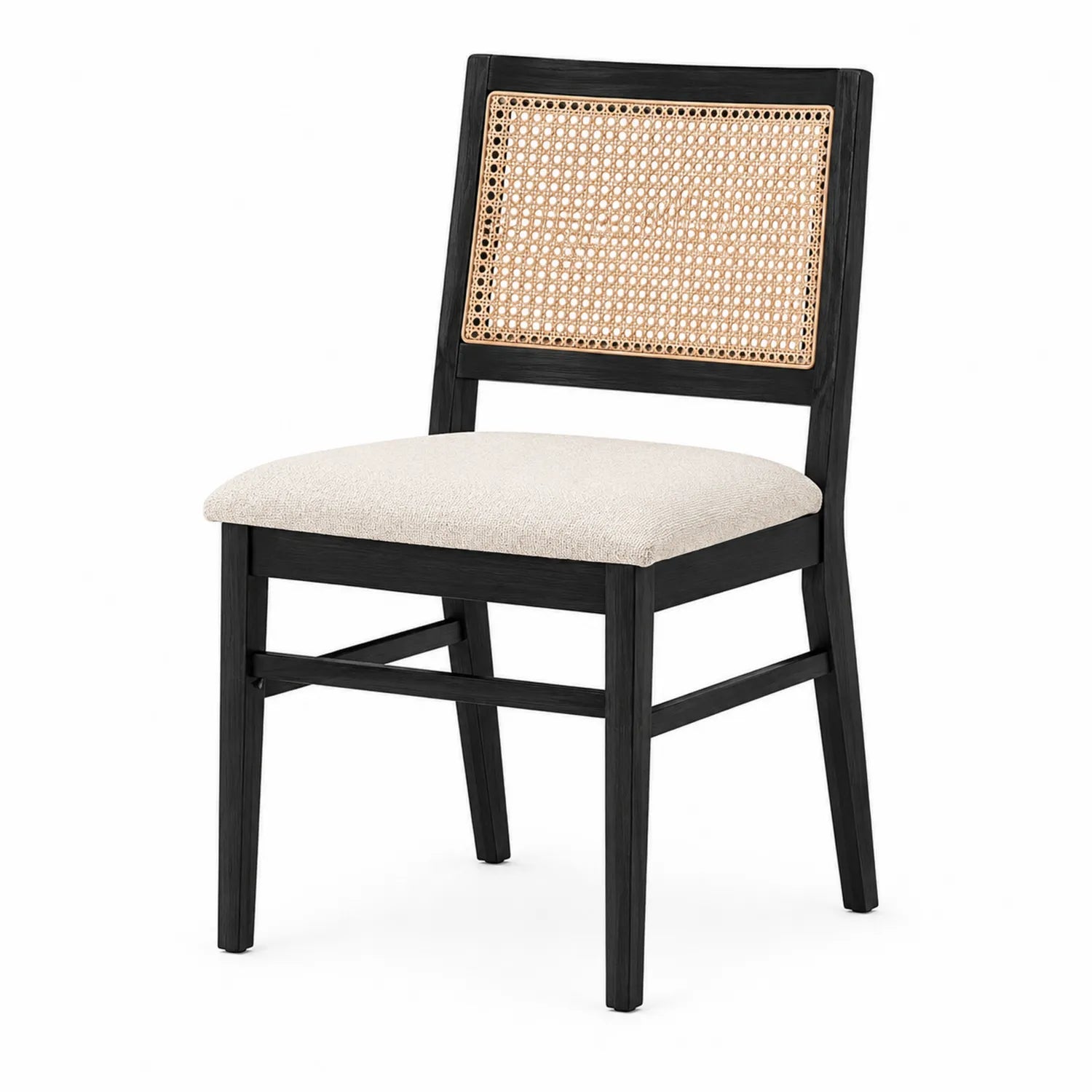 Silla de madera con asiento de tela y respaldo de ratán
