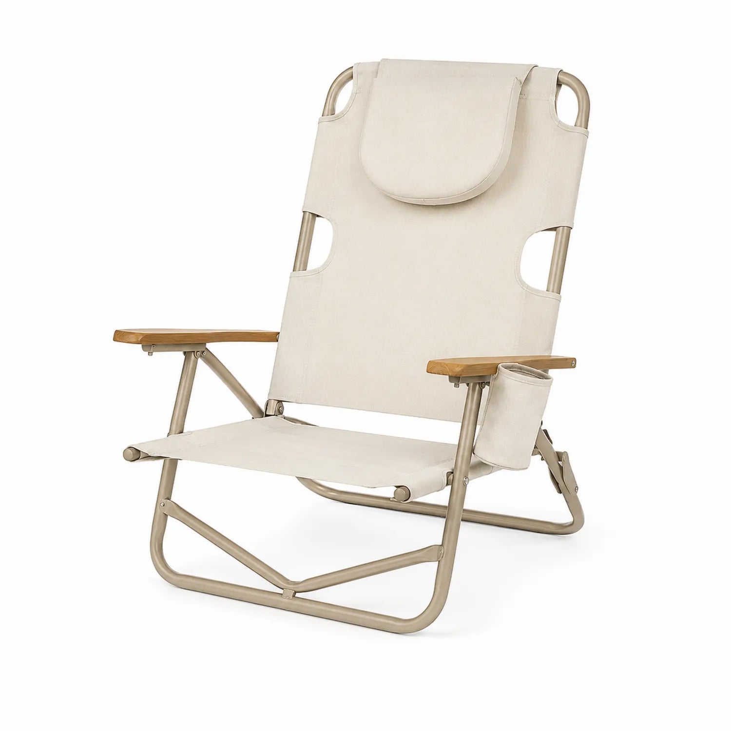 Silla de Aluminio y Tela Beige con Reposabrazos de Madera