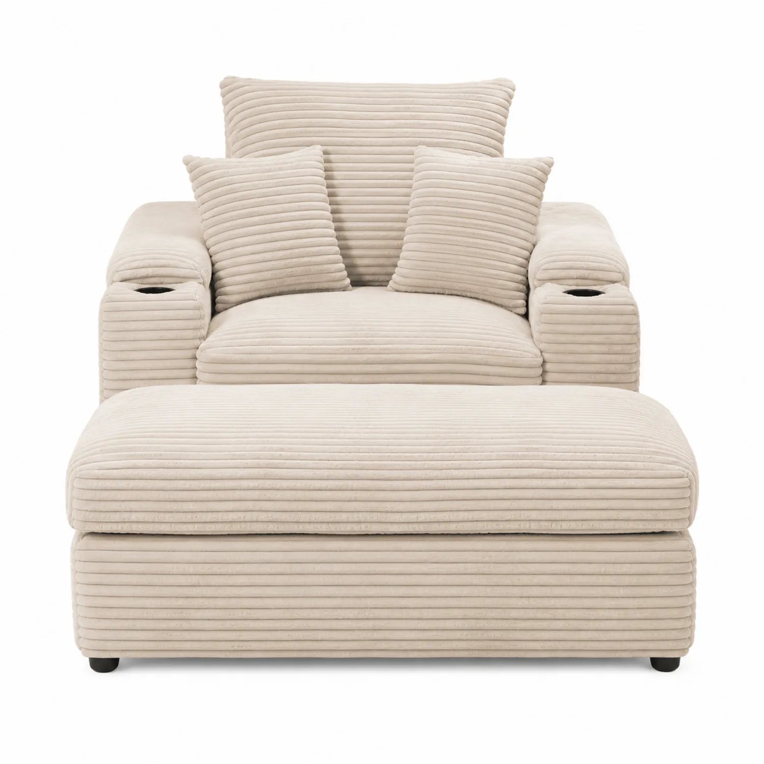 Sofá chaise longue de tela acanalada beige con cojines